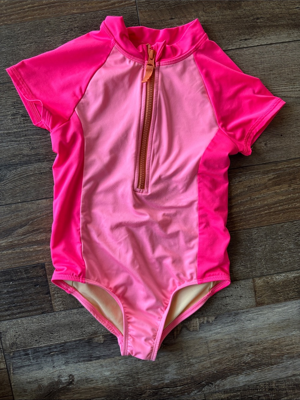 Girls Short Sleeve One Piece Half Zip Swimsuit